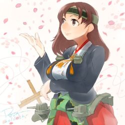  blazer breasts brown_eyes brown_hair camouflage camouflage_skirt cherry_blossoms chiyoda_(kancolle) dated hakama hakama_skirt hand_up headband jacket japanese_clothes kantai_collection large_breasts marionette_controller medium_hair one-hour_drawing_challenge rigging rota_(bitmap1022) shirt signature skirt string tassel white_shirt 