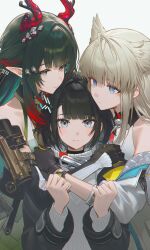  3girls ai-generated animal_ears arknights arknights:_endfield bird_ears bird_girl chen_qianyu_(arknights) commentary dragon_girl dragon_horns eastern_dragon_horns endministrator_(arknights) english_commentary female_endministrator_(arknights) highres horns multiple_girls neo1ie no_mask perlica_(arknights) sweater white_sweater yuri 