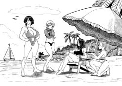  4girls arm_support barefoot beach bikini bird boat bracelet breasts brother-tico chair closed_eyes clouds collarbone crossed_legs cup drink drinking_glass drinking_straw full_body hands_on_own_hips holding holding_tray huge_breasts jewelry large_breasts lips looking_at_another medium_hair multiple_girls navel ocean on_chair one-piece_swimsuit original outdoors palm_tree parted_bangs parted_hair sitting sky smile standing swimsuit tray tree umbrella watercraft 