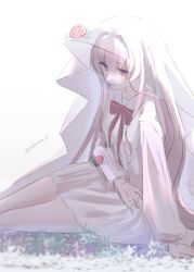  1girl arcaea arm_support artist_name bow bridal_veil chakamaru_ut flower highres hikari_(arcaea) hikari_(zero)_(arcaea) long_hair long_sleeves multicolored_eyes pink_eyes pink_flower pink_rose pleated_skirt red_bow rose sailor_collar school_uniform serafuku shirt signature simple_background sitting skirt solo twitter_username veil white_background white_hair white_sailor_collar white_serafuku white_shirt white_skirt white_veil 
