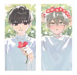  2boys aged_down alien_stage black_eyes black_hair choker commentary day flower green_eyes grey_hair hair_between_eyes head_wreath holding holding_flower ivan_(alien_stage) long_sleeves looking_at_viewer male_focus multiple_boys nonoiaza outdoors parted_lips red_flower shirt short_hair smile till_(alien_stage) upper_body white_choker white_shirt 