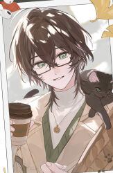  1boy absurdres ahoge animal animal_on_shoulder bag black_cat brown_hair cat commentary_request cup disposable_cup glasses green_eyes hair_between_eyes highres holding holding_cup jacket jewelry leaf long_sleeves looking_at_viewer male_focus necklace nonoiaza parted_lips quanzhi_gaoshou short_hair smile solo sweater turtleneck turtleneck_sweater upper_body virtual_youtuber white_sweater zhou_zekai 