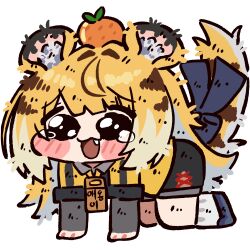  1girl absurdres all_fours animal_ear_fluff animal_ears bluebird_(leh951025) blush bow chibi chibi_only colored_inner_hair commentary_request food food_on_head fruit fruit_on_head green_eyes high-waist_shorts highres jacket ju_fufu korean_commentary long_hair looking_at_viewer mandarin_orange meme multicolored_hair object_on_head open_mouth orange_fur panda_boy pleading_eyes shorts solo speakiposting_(meme) striped_fur striped_hair tail tail_bow tail_ornament tears thigh_strap tiger_ears tiger_girl tiger_stripes tiger_tail wavy_eyes yellow_jacket zenless_zone_zero 