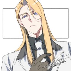  1boy 2026 adjusting_clothes adjusting_necktie black_shirt blonde_hair blue_eyes closed_mouth collared_shirt dated final_fantasy final_fantasy_xiv forehead_jewel frown gloves grey_gloves hair_between_eyes hiryuu_(kugelcruor) jacket long_hair looking_at_viewer male_focus neckerchief necktie shirt signature solo straight_hair swept_bangs upper_body white_background white_jacket white_neckerchief zenos_yae_galvus 