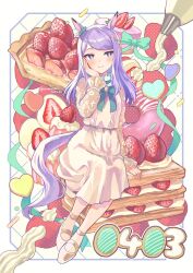  1girl anbutter_siruko animal_ears bow bowtie closed_mouth commentary_request cookie daifuku doughnut dress ear_bow food fruit fruit_tart green_bow green_bowtie hand_on_own_cheek hand_on_own_face heart heart-shaped_cookie heart-shaped_food highres horse_ears horse_girl ichigo_daifuku long_hair long_sleeves mejiro_mcqueen_(umamusume) pastry_bag purple_hair shoes smile solo strawberry strawberry_tart tart_(food) twitter_username umamusume violet_eyes wagashi whipped_cream 