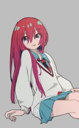  1girl :p alternate_hair_length_(longer) amate_yuzuriha aqua_eyes aqua_shirt aqua_skirt collared_shirt grey_background gundam gundam_gquuuuuux highres long_hair long_sleeves looking_at_viewer necktie oitea_tya red_hair school_uniform shirt simple_background sitting skirt smile solo sweater tongue tongue_out 
