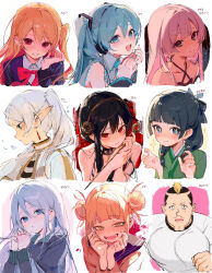  1boy 6+girls ame929 black_hair blonde_hair blue_eyes blue_hair blue_nails blunt_bangs blunt_sidelocks blush boku_no_hero_academia bow bowtie brown_eyes character_name cho_kaguya-hime! claw_pose closed_mouth collared_shirt commentary_request criss-cross_straps cross-shaped_pupils crossdressing crossdressing_(mtf) detached_sleeves dot_nose double_bun double_chin elf frieren glint green_kimono hair_bun hair_ornament hand_up hands_up hatsune_miku highres holding hoshino_ruby japanese_clothes kimono kusuriya_no_hitorigoto layered_clothes long_hair long_pointy_ears long_sidelocks long_sleeves looking_at_viewer maomao_(kusuriya_no_hitorigoto) multiple_girls nendou_riki open_mouth oshi_no_ko pendant_earrings pink_hair pointy_ears project_sekai purple_sailor_collar red_bow red_bowtie red_eyes runami_yachiyo runami_yachiyo_(tsukuyomi) saiki_kusuo_no_psi_nan sailor_collar scar scar_across_eye scar_on_face school_uniform shirt short_eyebrows side_ponytail sidelocks sleeveless slit_pupils smile sousou_no_frieren spy_x_family star-shaped_pupils star_(symbol) symbol-shaped_pupils toga_himiko tsukimi twintails vocaloid white_background white_hair white_shirt yellow_eyes yoisaki_kanade yor_briar 