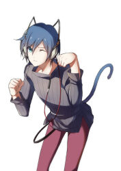  1boy black_shirt blue_eyes blue_hair blue_tail cat_tail commentary_request cowboy_shot devil_survivor_(series) devil_survivor_1 headphones highres looking_at_viewer mp3_player one_eye_closed pants protagonist_(devil_survivor) red_pants shirt short_hair simple_background solo tail teeth white_background white_sauce_(pixiv_9502829) 