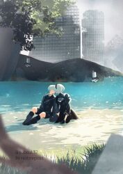  1boy 1girl 2b_(nier:automata) 9s_(nier:automata) black_boots black_choker black_dress black_gloves black_hairband black_jacket black_shorts boots branch building choker cleavage_cutout clothing_cutout commentary_request couple dress full_body gloves grass grey_hair hairband hetero highres jacket kiss nier:automata nier_(series) pod_(nier:automata) puffy_sleeves ruins scenery short_hair shorts sitting subcul32 thigh_boots tree twitter_username water 