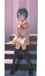  1girl black_shoes black_socks blue_eyes blue_hair blunt_ends blush bob_cut breasts closed_mouth dot_nose full_body grey_serafuku grey_shirt grey_skirt hand_on_own_knee highres kiritani_haruka kneehighs leopa1111 loafers long_sleeves looking_at_viewer miyamasuzaka_girls'_academy_school_uniform neckerchief pleated_skirt project_sekai red_neckerchief sailor_collar school_uniform serafuku shadow shirt shoes short_hair sidelocks sitting sitting_on_stairs skirt small_breasts socks solo stairs white_sailor_collar zettai_ryouiki 