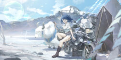  1girl absurdres adapted_costume ahoge ankle_boots backpack bag belt_boots black_boots blue_bow blue_bowtie blue_eyes blue_hair boots bow bowtie chinese_commentary commentary_request dated day full_body grey_shorts helmet highres knee_up lens_flare lingxi2003 looking_at_viewer make_heroine_ga_oo_sugiru! medium_hair motor_vehicle motorcycle motorcycle_helmet mountain mountainous_horizon on_motorcycle open_mouth outdoors portable_stove river sample_watermark shirt short_sleeves shorts signature sitting sky snow tent thighs unworn_headwear unworn_helmet watermark white_shirt winter yak yanami_anna yellow_bow yellow_bowtie 