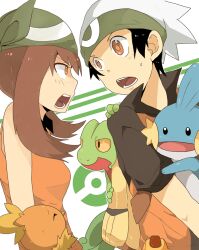  1boy 1girl annoyed bandana beanie black_hair brendan_(pokemon) brown_hair brown_shirt commentary_request green_bandana green_headscarf hat headscarf holding holding_pokemon looking_at_another may_(pokemon) mudkip open_mouth orange_eyes orange_shirt pokemon pokemon_(creature) pokemon_emerald pokemon_ruby/sapphire/emerald sei_(seiryuuden) shirt short_hair short_sleeves sweat teeth tongue torchic treecko upper_body white_hat 