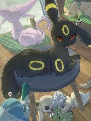  ? black_fur blue_fur blue_sclera brown_fur colored_sclera commentary_request dedenne eevee espeon forked_tail glaceon highres hisuizoroa25 leaf leafeon lying neck_fur no_humans on_side pillow pokemon pokemon_(creature) pokemon_focus purple_fur red_sclera sitting sleeping slime_(substance) stool stuffed_toy substitute_(pokemon) tail umbreon yellow_fur 