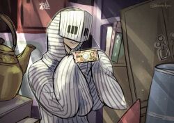  1boy banknote collector_manikin_(megami_tensei) commentary_request covered_face eputo_(murockyou) grin holding holding_money kettle long_sleeves male_focus money oversized_clothes robe shin_megami_tensei shin_megami_tensei_iii:_nocturne smile two-handed upper_body white_robe yen 