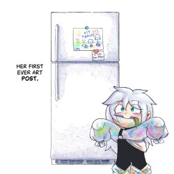  amputee armless_amputee commentary emi_(iamderekturbo) english_commentary english_text heart highres iamderekturbo long_hair original overalls paintbrush paintbrush_in_mouth refrigerator shirt simple_background sweater white_background white_hair white_shirt 