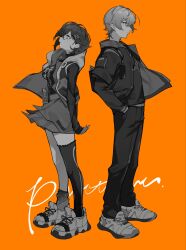  1boy 1girl asymmetrical_legwear belle_(zenless_zone_zero) breasts brother_and_sister closed_mouth commentary from_side gohan_(gohanchang) greyscale_with_colored_background hair_ornament hand_in_pocket highres jacket long_sleeves looking_at_viewer medium_breasts monochrome open_clothes open_jacket orange_eyes pants profile shirt shoes siblings simple_background single_sock single_thighhigh skirt sneakers socks spot_color standing thigh-highs turtleneck wise_(zenless_zone_zero) zenless_zone_zero 