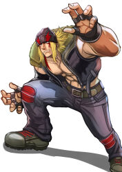  1boy alex_winger bare_pectorals beanie belt belt_buckle black_pants black_vest blonde_hair blue_eyes body_markings boots buckle commentary_request facial_mark fighting_stance fingerless_gloves full_body fur-trimmed_vest fur_trim gloves hat highres kakato knee_pads long_hair male_focus muscular muscular_male navel nipples open_clothes open_vest pants pectorals solo squatting street_fighter street_fighter_6 vest white_background 