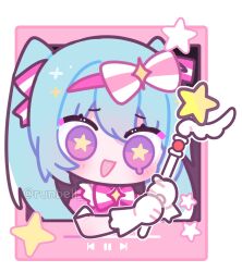  1girl blue_hair bow bow_hairband bowtie dress hairband hatsune_miku highres holding holding_staff holding_wand ima_sugu_rinne_(vocaloid) mage_staff magical_girl media_player_interface pink_background pink_bow pink_bowtie pink_dress pink_eyes pink_hairband runbell solo staff star-shaped_pupils star_(symbol) star_wand striped_bow striped_bowtie striped_clothes symbol-shaped_pupils two-tone_bow vocaloid wand 