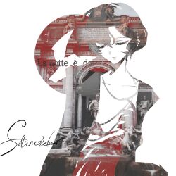  1girl character_name closed_eyes closed_mouth coat commentary double_exposure dress european_architecture feather_dress highres qianwei_yuanqing red_dress reverse:1999 schneider_(reverse:1999) short_hair solo statue untranslatable_commentary upper_body white_background 