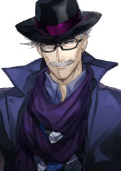  1boy argyle_clothes argyle_sweater black-framed_eyewear black_hat cheekbones coat collared_shirt commentary_request facial_hair fate/grand_order fate_(series) glasses grey_hair grin hat highres james_moriarty_(archer)_(fate) long_hair looking_at_viewer male_focus mature_male mustache open_clothes open_coat parted_lips purple_coat purple_scarf purple_shirt rectangular_eyewear scarf shirt smile solo suzuki_rui sweater white_background 