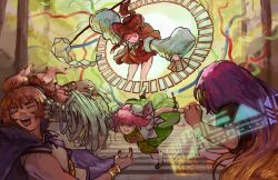  4girls absurdres antinomy_of_common_flowers ascot bandaged_arm bandages black_dress blonde_hair bow brown_hair bun_cover cape closed_eyes commentary detached_sleeves double_bun dress earmuffs english_commentary false_arm fighting flower frilled_bow frilled_hair_tubes frills gohei gradient_hair green_skirt hair_bow hair_bun hair_tubes hakurei_reimu highres hijiri_byakuren hippppodraw holding holding_gohei holding_ofuda ibaraki_kasen long_hair multicolored_hair multiple_girls ofuda open_mouth pink_eyes pink_flower pink_hair pink_rose punching purple_cape purple_hair purple_skirt red_bow red_skirt red_tabard ribbon-trimmed_sleeves ribbon_trim rose shirt skirt skirt_set sleeveless sleeveless_shirt smile sorcerer's_sutra_scroll tabard teeth touhou toyosatomimi_no_miko upper_teeth_only white_shirt yellow_ascot 