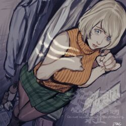  1girl 5tatsu artist_name ashley_graham bare_arms bare_shoulders black_boots blonde_hair blue_eyes boots breasts brown_pantyhose closet commentary_request feet_out_of_frame from_above green_skirt highres large_breasts miniskirt orange_sweater pantyhose parted_lips plaid_clothes plaid_skirt resident_evil resident_evil_4 resident_evil_4_(remake) ribbed_sweater short_hair sketch skirt sleeveless sleeveless_turtleneck solo sweater swept_bangs turtleneck 