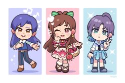  3girls :d ;d ahoge apple aqua_eyes artist_name asakura_toru basket beamed_eighth_notes black_necktie blue_hair blue_nails blue_sweater brown_eyes brown_hair brown_shoes clothes_around_waist collared_shirt commentary_request deformed dress eighth_note fingernails food fruit grey_hair grey_shoes heart holding holding_basket idolmaster idolmaster_(classic) idolmaster_shiny_colors kayama_taiga kisaragi_chihaya long_hair looking_at_viewer multiple_girls musical_note nail_polish necktie one_eye_closed open_mouth pants pink_dress pink_eyes quarter_note ringorou_(idolmaster) shirt shoes short_hair smile sparkle striped_clothes striped_pants sweater tsujino_akari v vertical-striped_clothes vertical-striped_pants white_shirt 