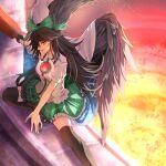  1girl arm_cannon bird_wings black_hair black_thighhighs black_wings bow breasts cape collared_shirt commentary_request control_rod embers fang feathered_wings fingernails fire foot_out_of_frame forge frilled_shirt_collar frilled_skirt frills green_bow green_skirt hair_between_eyes hair_bow highres long_bangs long_hair looking_at_viewer looking_to_the_side medium_breasts nyarocks on_one_knee open_mouth print_cape profile puffy_short_sleeves puffy_sleeves red_eyes reiuji_utsuho shirt short_sleeves skin_fang skirt smile solo starry_sky_print thigh-highs third_eye touhou v-shaped_eyebrows weapon white_cape white_shirt wings 