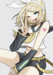  1girl absurdres aqua_eyes belt between_legs black_sailor_collar black_shorts black_sleeves blonde_hair bow breasts commentary detached_sleeves grey_background hair_ornament hairclip hand_between_own_legs headphones headset highres kagamine_rin neckerchief number_tattoo one_eye_closed open_mouth parallel_hairclips sailor_collar shirt short_hair shorts simple_background sitting sleeveless sleeveless_shirt small_breasts sunagohun tattoo treble_clef v vocaloid white_bow white_shirt yellow_belt yellow_neckerchief yellow_trim 