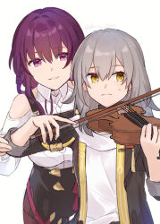  2girls absurdres artist_name bare_shoulders black_jacket breasts commentary grey_hair high-waist_shorts highres honkai:_star_rail honkai_(series) instrument jacket kafka_(honkai:_star_rail) large_breasts long_hair long_sleeves multiple_girls pantyhose pantyhose_under_shorts playing_instrument playing_violin purple_hair purple_pantyhose raune_0897 shirt shorts smile stelle_(honkai:_star_rail) sweat teaching trailblazer_(honkai:_star_rail) untranslatable_commentary violet_eyes violin white_shirt yellow_eyes 