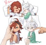  2girls ahoge anger_vein annoyed black_hairband chibi closed_eyes closed_mouth commentary_request cool_(gundam_suisei_no_majo) drooling flying_sweatdrops green_eyes green_shirt grey_eyes gundam gundam_suisei_no_majo hairband highres holding_hands hots_(gundam_suisei_no_majo) jia_ma long_hair long_sleeves mini_person minigirl miorine_rembran multiple_girls one_eye_closed open_mouth pajamas pillow redhead shirt short_sleeves sitting sleeping suletta_mercury thick_eyebrows under_covers white_footwear white_hair white_shirt yuri zzz 