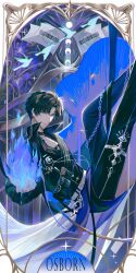  1boy absurdres belt bird black_choker black_hair black_pants black_ribbon black_shirt blue_bird blue_cape blue_fire blue_gem border cape card_(medium) chain character_name chinese_commentary choker closed_mouth coin crescent crescent_pin curtained_hair earrings fanny_pack feet_out_of_frame fire floral_background flower fold-over_collar from_side gem glint green_eyes highres iris_(flower) jewelry legs_up light_and_night_love looking_at_viewer looking_to_the_side male_focus moon_phases outside_border pants parted_bangs purple_flower pyrokinesis ribbon shirt short_hair sideways_glance smile snow234 solo sparkle stud_earrings thigh_strap waist_cape white_belt white_border xiao_yi_(light_and_night_love) 