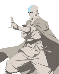  1boy aang arrow_(symbol) arrow_tattoo avatar_aang:_the_last_airbender avatar_legends baggy_pants bald blue_tattoo concept_art crossed_arms fighting_stance forehead_tattoo highres ki_hyun_ryu limited_palette looking_at_another monk official_art pants production_art robe simple_background tattoo white_background 