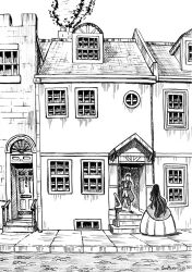  1boy 1girl brother-tico chimney commentary door dress english_commentary full_body house inktober jacket long_hair monochrome original outdoors pants road short_hair sidewalk smoke street window 