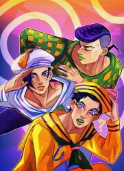  3boys ? anchor_ornament anchor_symbol arizuume birthmark black_hair blue_eyes blue_hair checkered_sweater closed_eyes commentary dixie_cup_hat earrings english_commentary green_lips green_sweater hat higashikata_josuke_(jojolion) highres jewelry joestar_birthmark jojo_no_kimyou_na_bouken jojolion kira_yoshikage_(jojolion) kujo_josefumi makeup male_focus military_hat multiple_boys pompadour purple_hair sailor sailor_collar sailor_hat salute shirt stud_earrings sweater two-tone_sweater violet_eyes white_hat white_sailor_collar white_shirt yellow_hat yellow_sailor_collar yellow_shirt yellow_sweater 
