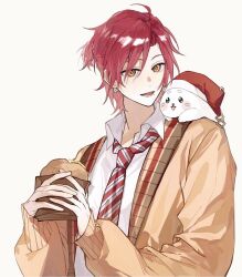  1boy :d animal_on_shoulder brown_cardigan burger cardigan collared_shirt commentary earrings food ha_yun hat highres holding holding_food jacket jewelry looking_at_viewer male_focus necktie nijisanji nonoiaza open_mouth red_hair santa_hat school_uniform shirt short_hair simple_background smile solo untranslatable_commentary upper_body virtual_youtuber white_background white_shirt yellow_cardigan yellow_eyes 