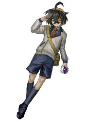  1boy bag black_hair blue_shirt blue_shorts blue_socks collared_shirt commentary crossed_bangs hair_between_eyes hairband highres holding holding_poke_ball jacket kieran_(pokemon) kneehighs long_sleeves male_focus master_ball poke_ball pokemon pokemon_scarlet_and_violet purple_hair shirt shoes shorts simple_background socks solo white_background yellow_bag yellow_eyes yellow_hairband zirrrrrr2 