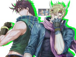  2boys battle_tendency belt black_gloves black_shirt blonde_hair blue_gloves brown_hair caesar_anthonio_zeppeli commentary_request feather_hair_ornament feathered_wings feathers fingerless_gloves gloves green_eyes green_shirt hair_ornament hairband headband highres jojo_no_kimyou_na_bouken jojo_pose joseph_joestar joseph_joestar_(young) looking_at_viewer male_focus minu25252 multiple_boys pants purple_scarf scarf shirt striped_clothes striped_scarf wings 