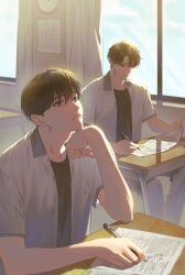  2boys absurdres alternate_universe black_eyes black_hair black_shirt classroom commentary_request desk glowing guding_nut hand_on_own_chin highres holding holding_pen indoors kim_dokja korean_commentary looking_at_another male_focus multiple_boys omniscient_reader's_viewpoint pen school_desk shirt short_hair sidelighting sitting undershirt white_shirt window_light writing yoo_joonghyuk 