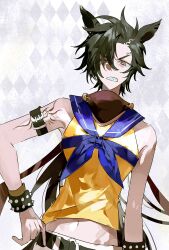  1girl air_shakur_(umamusume) animal_ears arm_tattoo bare_shoulders belt black_hair blue_neckerchief bracelet brown_eyes clenched_teeth commentary cowboy_shot eyebrow_piercing face_piercing groin hand_on_own_hip highres horse_ears horse_girl jewelry long_hair looking_at_viewer midriff navel neckerchief onitwo parted_bangs piercing sailor_collar sharp_teeth shirt shorts sleeveless sleeveless_shirt solo spiked_bracelet spikes standing studded_bracelet studs tattoo teeth umamusume untranslatable_commentary upper_body v-shaped_eyebrows yellow_eyes yellow_shirt 