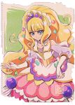  1girl artist_logo big_hair blonde_hair blue_eyes blush bridal_gauntlets brooch choker clothing_cutout cure_finale delicious_party_precure dress gloves heart heart_brooch jewelry kamikita_futago kasai_amane long_hair looking_at_viewer magical_girl medium_dress paper_background precure shoulder_cutout smile solo sparkle_hair_ornament stamp_mark tiara torn_paper white_choker white_gloves 