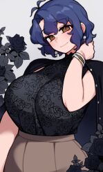  1girl bangle black_shirt blue_hair bracelet breasts brown_eyes brown_skirt closed_mouth commentary_request cowboy_shot earrings floral_print hand_on_own_neck head_tilt high_collar huge_breasts idolmaster idolmaster_million_live! jacket jacket_on_shoulders jewelry korean_commentary kwaejina leaf looking_at_viewer pearl_earrings shirt short_hair simple_background skirt sleeveless sleeveless_shirt smile solo tented_shirt toyokawa_fuka 
