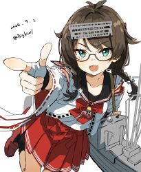  1girl :3 :d absurdres antenna_hair bigkwl black-framed_eyewear black_shirt black_socks blush bow bowtie braid brown_hair collarbone commentary cowboy_shot dated dated_commentary detached_sleeves glasses green_eyes hair_intakes hie_maru_(kancolle) highres kantai_collection long_hair long_sleeves looking_at_viewer miniskirt open_mouth outstretched_arm pleated_skirt pointing red_bow red_bowtie red_shoes red_skirt ribbon-trimmed_sleeves ribbon_trim rigging school_uniform semi-rimless_eyewear serafuku shirt shoes simple_background skirt smile socks solo triple_horizontal_stripe twin_braids twitter_username under-rim_eyewear white_background white_sleeves wide_sleeves 
