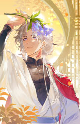  1boy alternate_costume black_shirt chinese_clothes commentary_request earrings flower highres holding holding_flower honkai:_star_rail honkai_(series) jewelry lattice liyue_so_good male_focus purple_flower robe rope_bracelet shirt solo tangzhuang tassel tassel_earrings upper_body violet_eyes white_hair white_robe yellow_background 