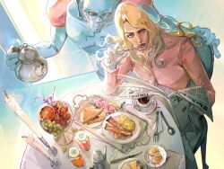  1boy 1other apple bacon bimoyou blonde_hair blue_eyes blue_skin bread bread_slice cake candle chair coat coffee_pot colored_skin commentary compound_eyes cup curly_hair dirty_deeds_done_dirt_cheap eating egg_(food) english_commentary flower food fork fried_egg fruit funny_valentine gloves grapes highres holding holding_fork holding_newspaper holding_teapot jam jojo_no_kimyou_na_bouken knife long_hair long_sleeves male_focus mask mouth_mask newspaper orange_(fruit) pink_coat pink_eyes pink_flower pink_rose pitcher_(container) plate rose sandwich sitting spoon stand_(jojo) steel_ball_run strawberry table tablecloth teacup teapot toast white_gloves 