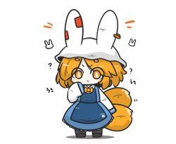  1girl animal_ears blonde_hair blue_dress blush brown_shoes chibi commentary_request dress fake_animal_ears fox_tail full_body grey_pantyhose hand_up hat highres long_sleeves mob_cap notice_lines orange_eyes pantyhose rabbit_ears shadow shirt shoes short_eyebrows simple_background sleeveless sleeveless_dress sleeves_past_fingers sleeves_past_wrists solo standing tail thick_eyebrows touhou uni_souchou white_background white_hat white_shirt yakumo_ran 