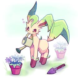 brown_eyes commentary flower_pot grass highres leafeon looking_down mouth_hold no_humans pokemon pokemon_(creature) pokemon_focus skyumbreon standing trowel untranslatable_commentary watering_can 