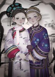  2girls absurdres alternate_costume blonde_hair brown_eyes brown_hair chinese_clothes clothing_request commentary_request cowboy_shot dalachi_(headdress) dress earrings fingernails floral_print highres jewelry lips long_sleeves looking_at_viewer maribel_hearn multiple_earrings multiple_girls object_request own_hands_together parted_lips purple_dress short_hair smile touhou usami_renko violet_eyes white_dress yatsuga_(kouahey_dierci) 