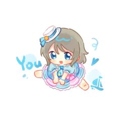  1girl barefoot blue_eyes blush bracelet brown_hair character_name chibi dress frilled_skirt frills full_body grey_hair happy hat highres jewelry jumping kimi_no_kokoro_wa_kagayaiteru_kai? legs looking_at_viewer love_live! love_live!_sunshine!! necktie official_alternate_costume open_mouth puffy_short_sleeves puffy_sleeves scene_reference scrunchie short_sleeves simple_background skirt smile solo split spread_legs suheqianqian watanabe_you wavy_hair white_background wrist_scrunchie 