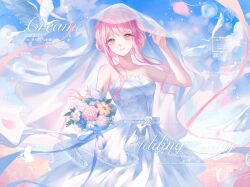  1girl aegyo_sal artist_request bare_arms bare_shoulders blue_sky bouquet bow bridal_veil bride brown_eyes chinese_commentary closed_mouth clouds collarbone commentary_request commission cowboy_shot day dress eyelashes falling_petals floral_print flower frilled_dress frills hair_bun happy highres holding holding_bouquet lace-trimmed_dress lace_trim light_blush light_particles lipstick long_sidelocks looking_at_viewer makeup nikki_(nikki) nikki_(series) outdoors petals pink_flower pink_hair pink_lips pink_ribbon pink_rose pleated_dress print_dress purple_flower ribbon rose sample_watermark second-party_source see-through_clothes see-through_veil short_hair_with_long_locks sidelocks single_hair_bun sky smile solo standing strapless strapless_dress too_many_watermarks veil waist_bow watermark wavy_hair wedding_dress white_bow white_dress white_flower white_rose white_veil yellow_flower 